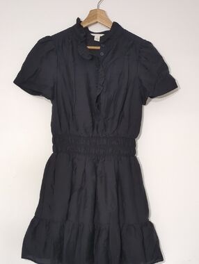 Caslon Black Ruffle-Neck Smocked-Waist Mini Dress